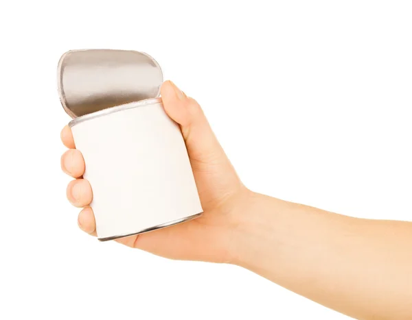 Tin can in hand isolated on white background — Stock Image Tin can in hand isolated on white background Stock Photo
