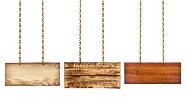 Kolekce různých dřevěných značek se zlatým řetězem na bílé ba — Stock fotografie