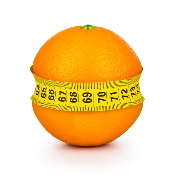 オレンジは、白い背景に巻尺をきつく締めた。コンセプト s — ストック写真