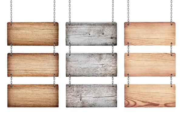 Kolekce různých dřevěných značek s řetězem na bílém poza — Stock fotografie