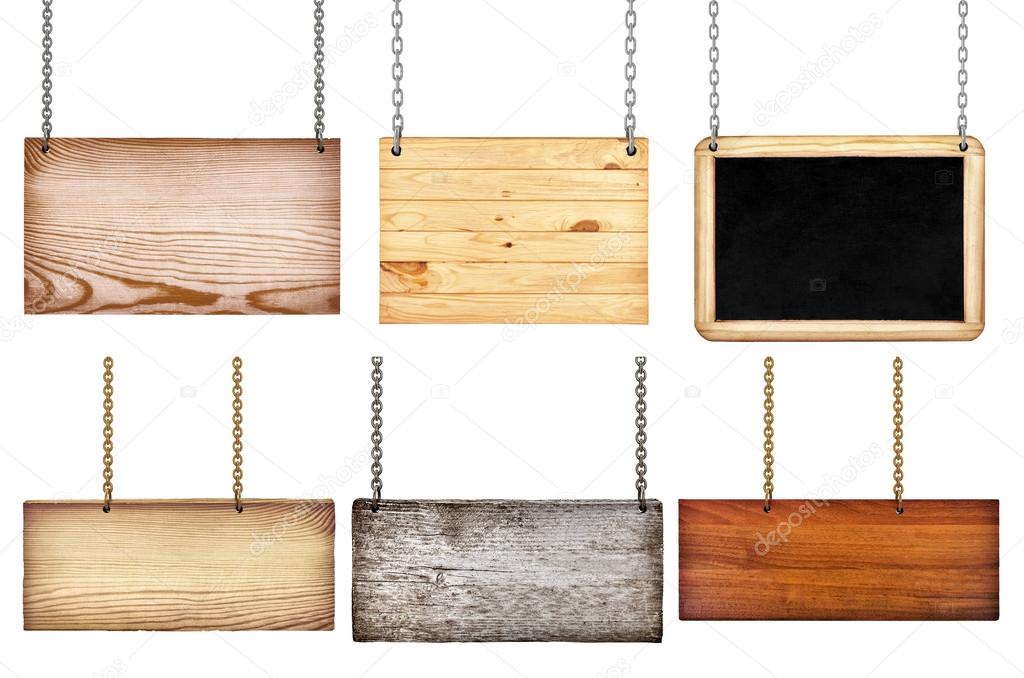 collection of various wooden signs with chain on white backgroun