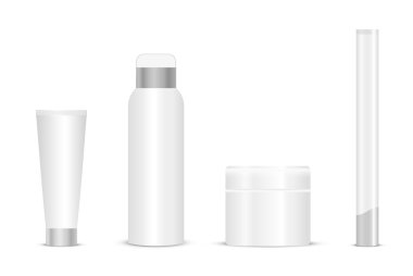 Beyaz arka plan üzerinde boş kozmetik tüpler. Beyaz ve gümüş renkleri. Metin için yer. Vektör