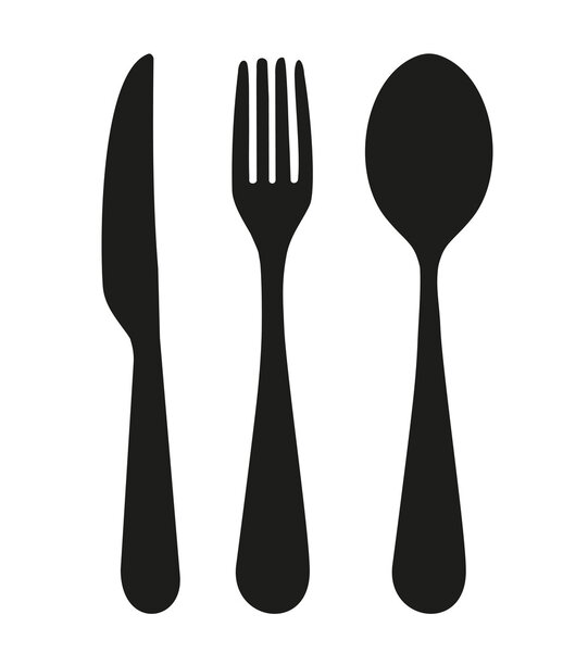 Черный вектор меню ресторана иконка со столовыми приборами изолированы - нож ложки вилки
