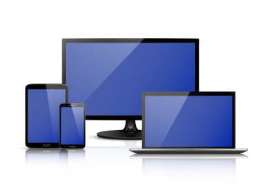 Gerçekçi vektör dizüstü, tablet bilgisayar, monitör ve cep telefonu şablonu