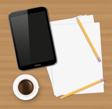 Resepsiyon kavramı ile boş bir kağıt, kahve ve metin alanı olan modern bir tablet.