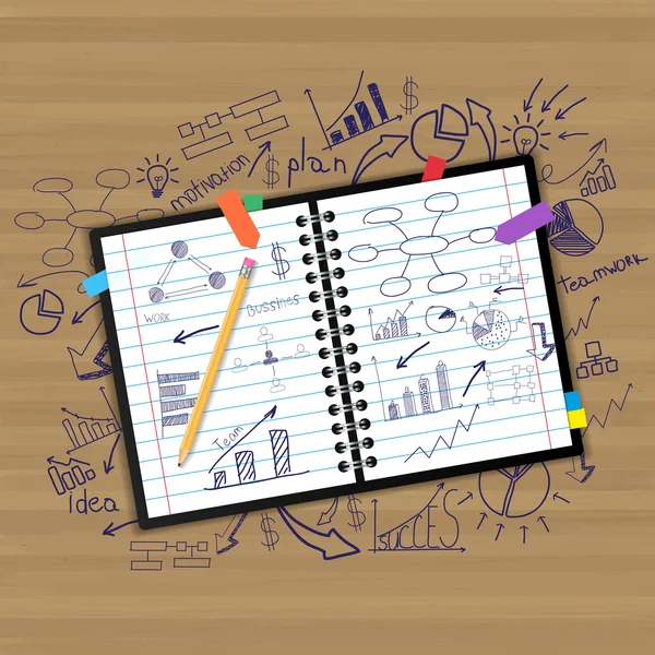 笔记本与绘制图表和图形的成功业务战略规划概念理念、 抽象的信息图表工作流布局图，加紧选项，矢量图模板设计 — 图库矢量图片