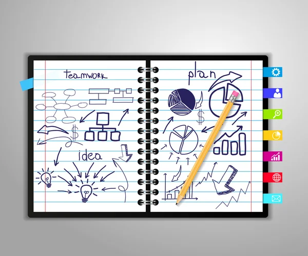 Cuaderno con diagramas de dibujo y gráficos éxito plan de estrategia de negocio idea de concepto, infografía abstracta diseño de flujo de trabajo, diagrama, opciones de intensificación, Vector ilustración plantilla diseño — Archivo Imágenes Vectoriales