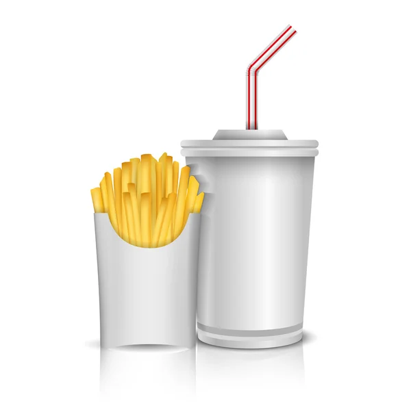 Papas fritas y un vaso de cola en bandeja Vector Ilustración — Vector de stock