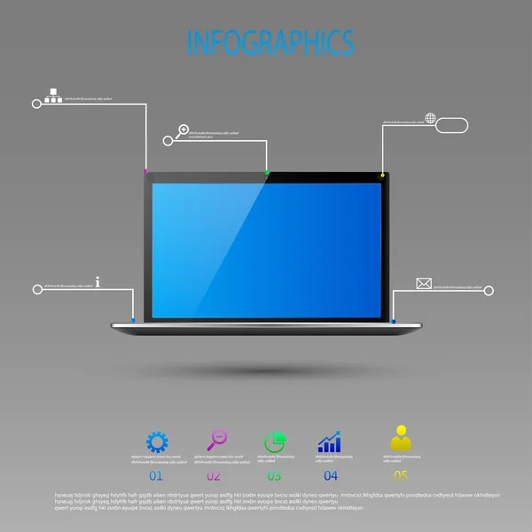 Інфографічний дизайн з реалістичним 3d портативним комп'ютером з шпалерами блакитного неба на екрані може бути використаний для компонування робочого процесу, діаграми, діаграми, параметрів номерів, веб-дизайну. Eps 10 Стокові Векторні ілюстрації — стоковий вектор