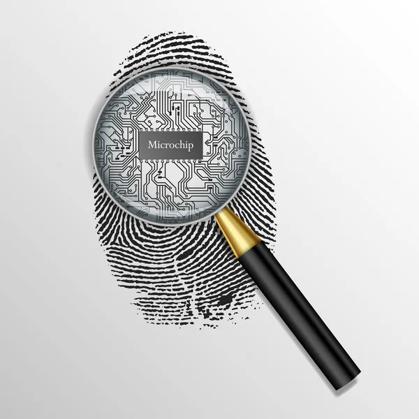 Concept d'identification. Loupe en verre sur empreinte digitale avec micropuce — Image vectorielle