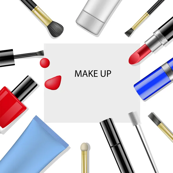 Make-up sjabloon met collectie van make-up cosmetica en accessoires, vectorillustratie. — Stockvector