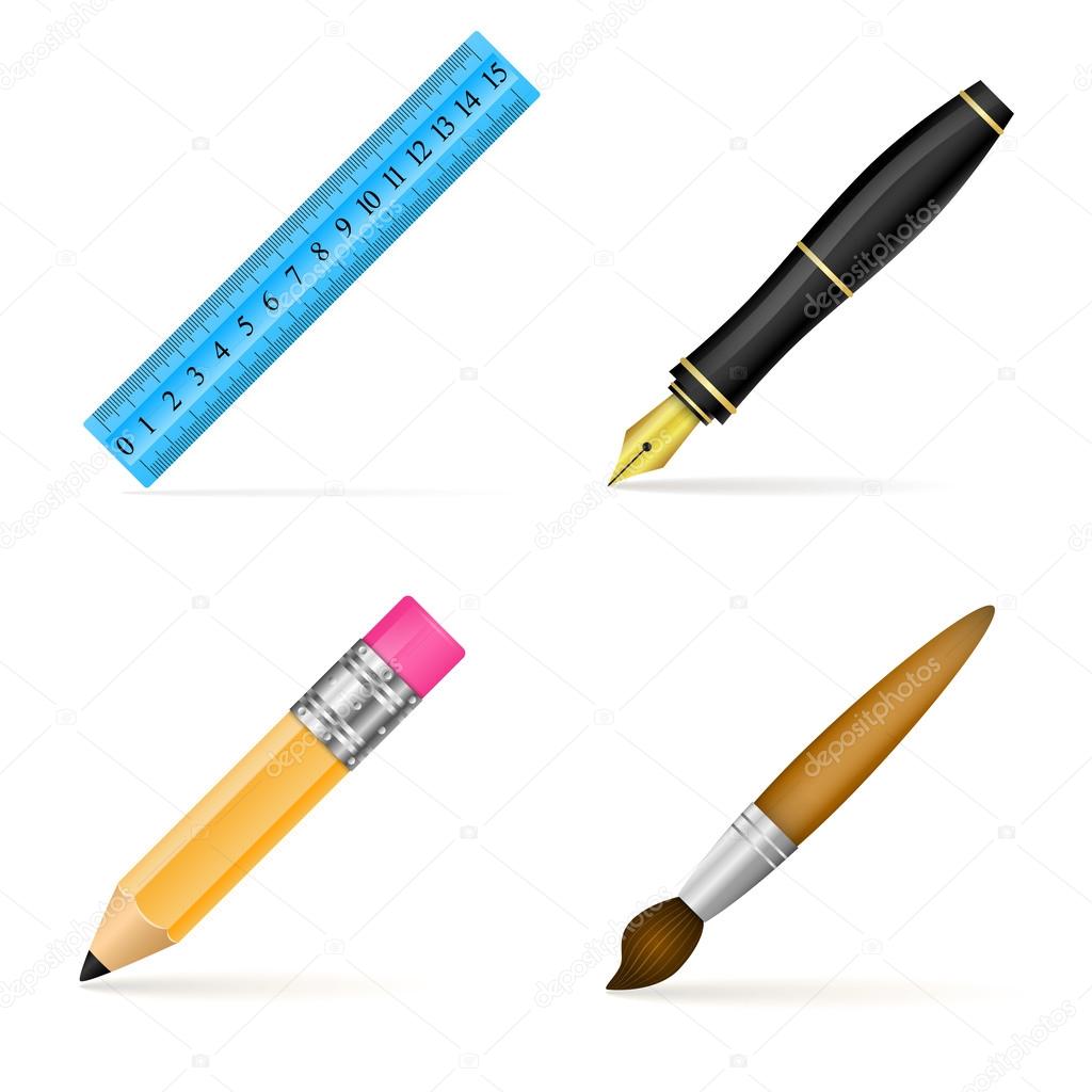 Fountain pen, marker, pencil and brush. Vector illustration Stock