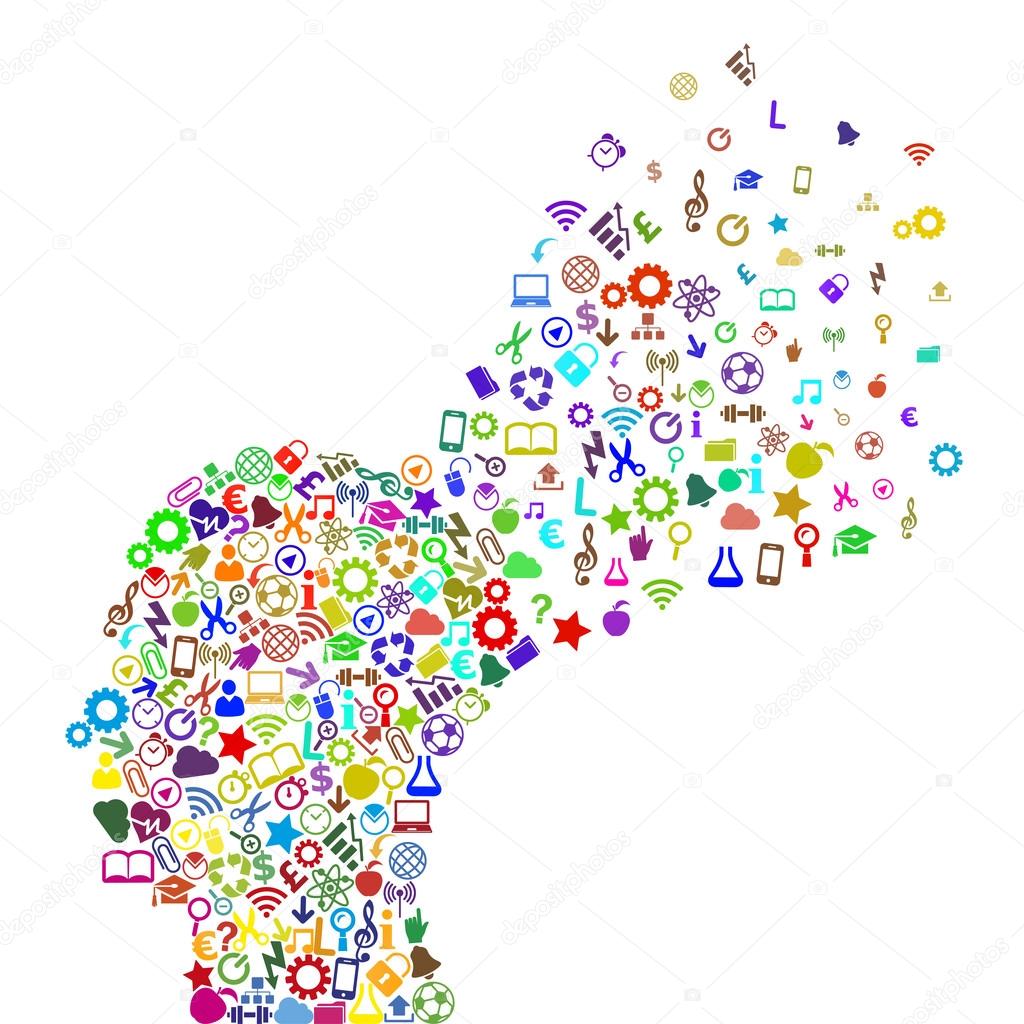 Man head silhouette made with social media icons splash concept illustration. EPS10 vector file organized in layers for easy editing.