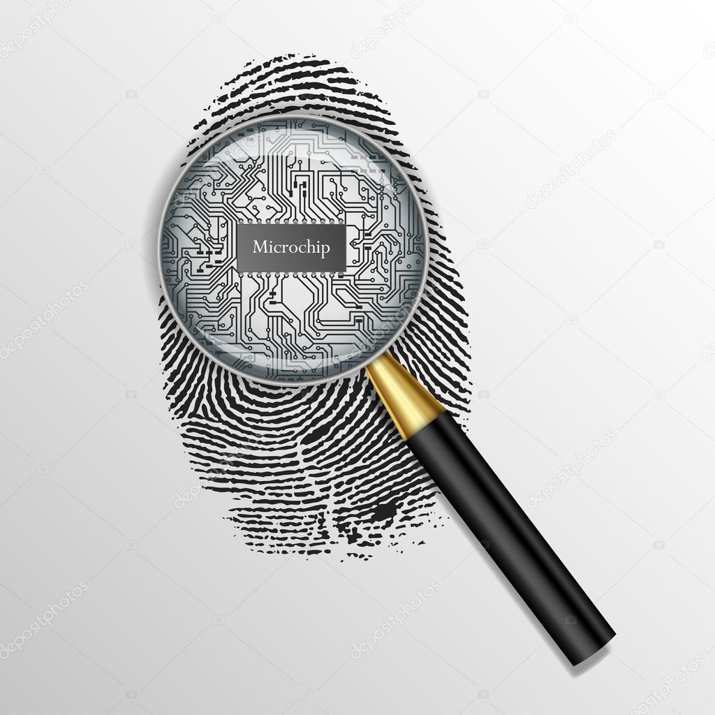 Identification concept. Magnifying glass over finger print with microchip