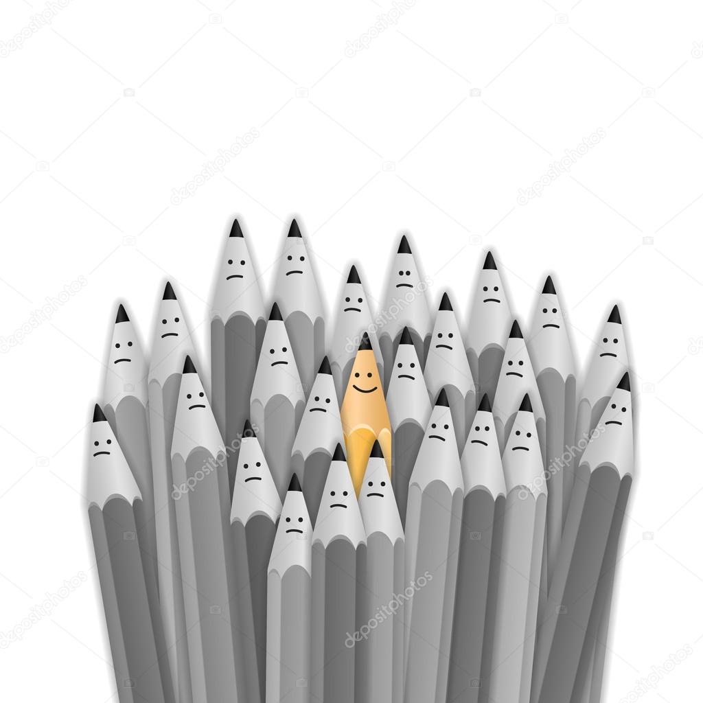 One bright color smiling pencil among bunch of gray sad pencils. vector illustration