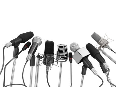 Various microphones aligned at press conference isolated over a  clipart