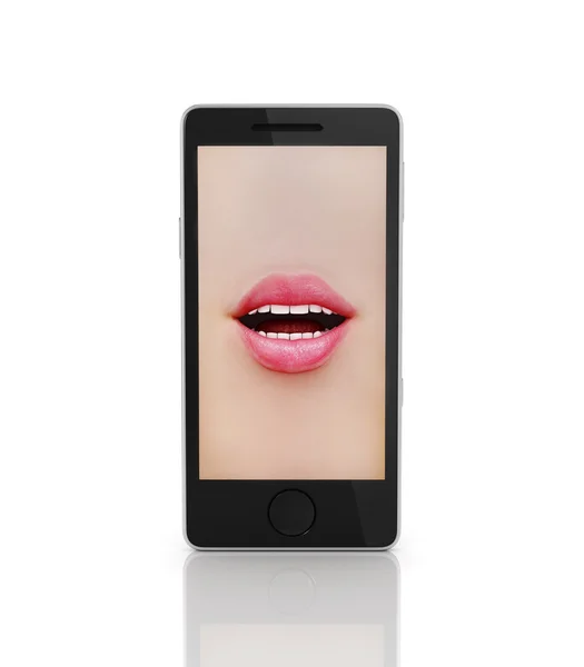 携帯電話で唇。電話での会話の概念. — ストック写真