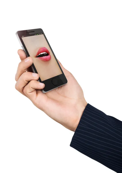 Téléphone parler concept. La main de l'homme tenant le téléphone avec la femme parlant — Photo