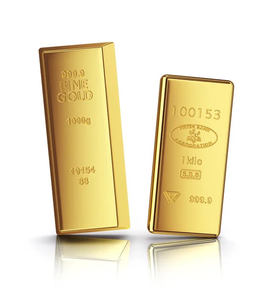 Dos barras de oro con reflejo sobre fondo blanco — Foto de Stock