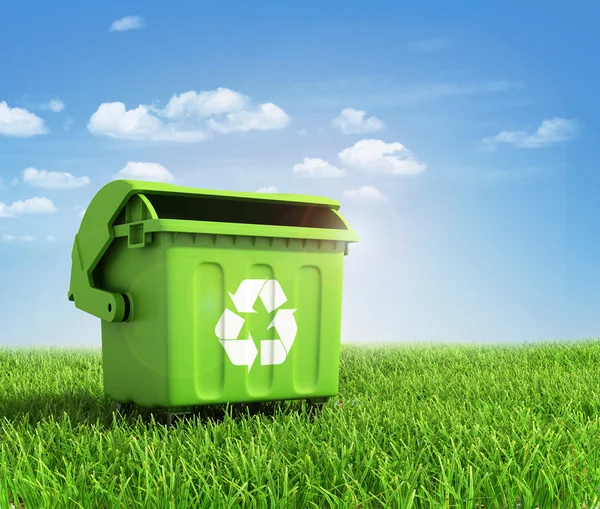 Green plastic trash recycling container ecology concept, with la — Stock Photo, Image