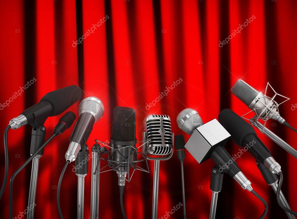 Various microphones aligned at press conference. — Stock Photo
