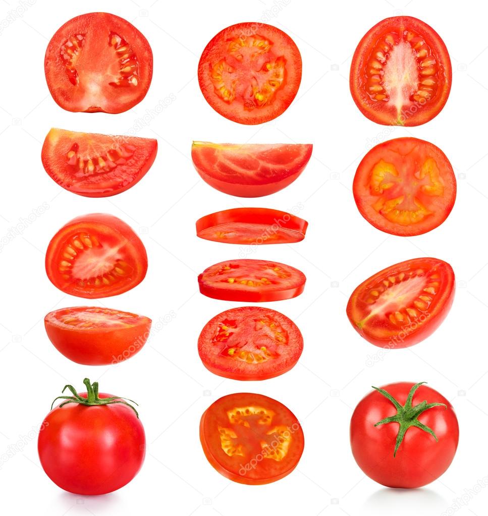 collection of pieces of tomatoes on a white background