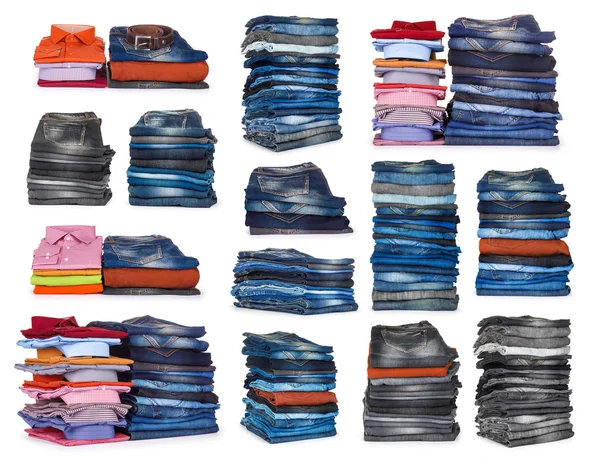 Collection piles de jeans sur fond blanc — Photo