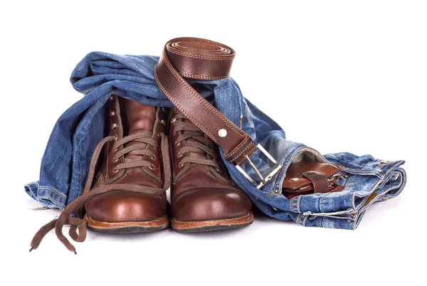 Set consisting of jeans belt and bag on a white background — Stock Photo, Image