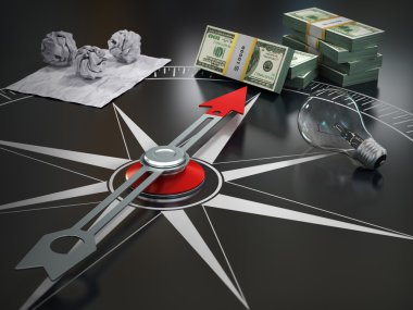 Conceptual image of compass directing at money. Course concept. clipart