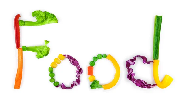 Beschriftung Lebensmittel aus Gemüsestücken auf weißem Hintergrund — Stockfoto