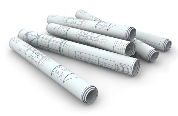 Architectural background with rolls of drawings — Stock Photo, Image