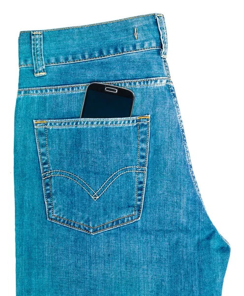 Téléphone en jeans poche sur blanc — Photo