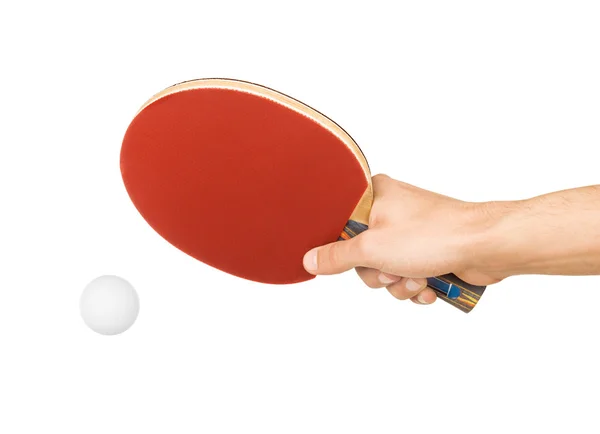 Table tennis racket in hand on white — Stock Photo, Image