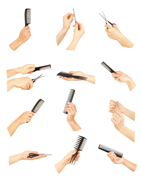 Hand with professional hairdressing and manicure equipment on wh — Stock Photo, Image