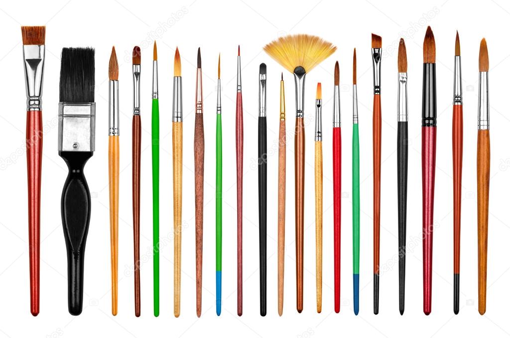 collection of new professional paint brushes isolated on white b