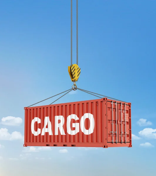 Metal freight shipping containers on the hooks at sky background — Stock Photo, Image