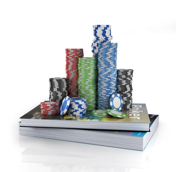 Stack di fiches da poker su un libro. Istruzione di poker . — Foto Stock