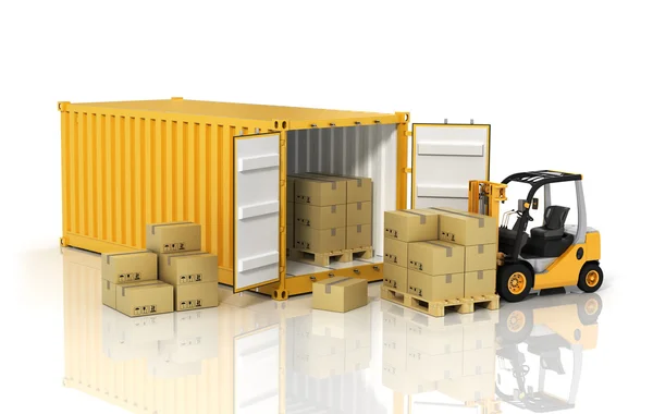 Open container with forklift stacker loader holding cardboard bo — Stock Photo, Image