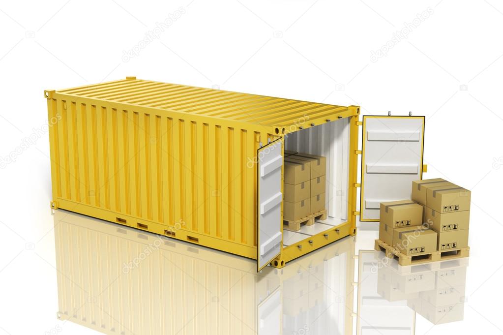 Open container with cardboard boxes. Cargo.