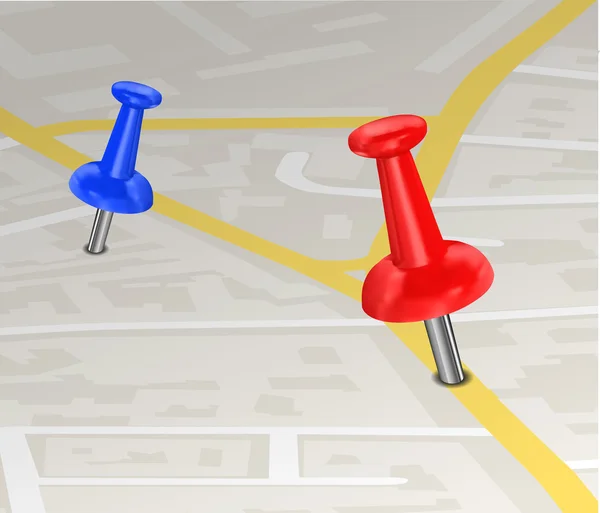 Mapa s modrými a červenými pin ukazatele — Stockový vektor