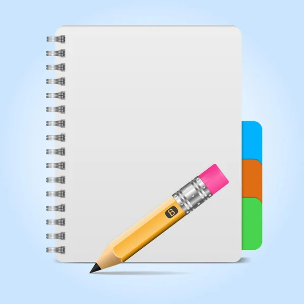 Ilustración vectorial de cuaderno en espiral realista y lápiz detallado — Vector de stock