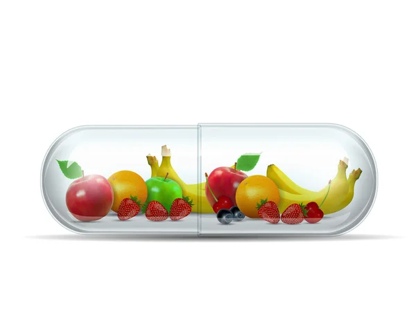 Fruta diferente na cápsula - conceito de dieta saudável — Vetor de Stock