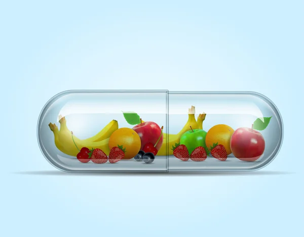 Verschiedene Früchte in Kapsel - gesundes Ernährungskonzept — Stockvektor