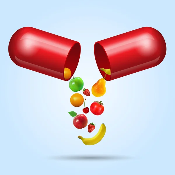 Fruta diferente na cápsula - conceito de dieta saudável —  Vetores de Stock