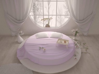 Bedroom with a circular window and bed clipart