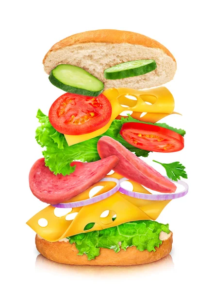 Sandwich with reflection and falling ingredients on a white back — Stock Photo, Image