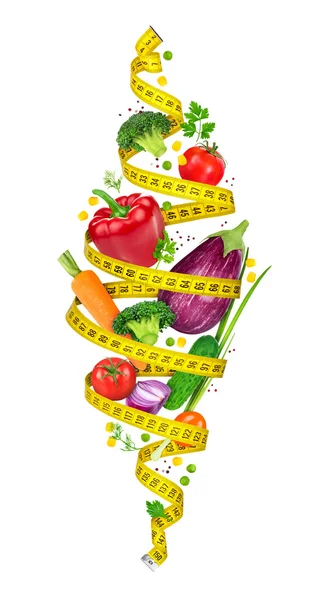 Концепция диеты. Измерение спирали ленты крутит овощи в — стоковое фото
