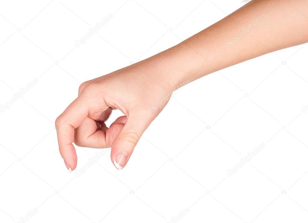 female hand holding something on a white background