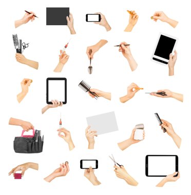 çeşitli nesneler üzerinde beyaz izole tutmak el