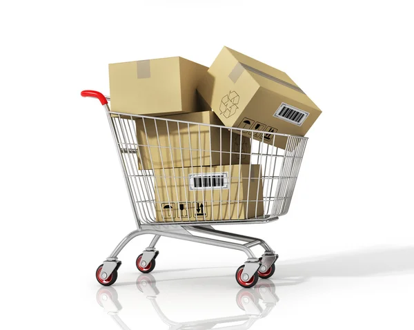Shopping cart with boxes on white isolated background. — Stock Photo, Image